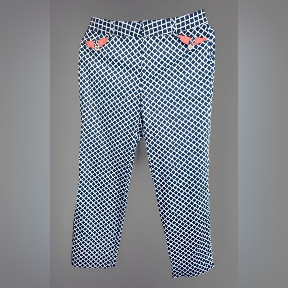 Bobby Jones Cotton/Spandex Mid-Rise Capris Blue/White Abstract Diamond Golf 6